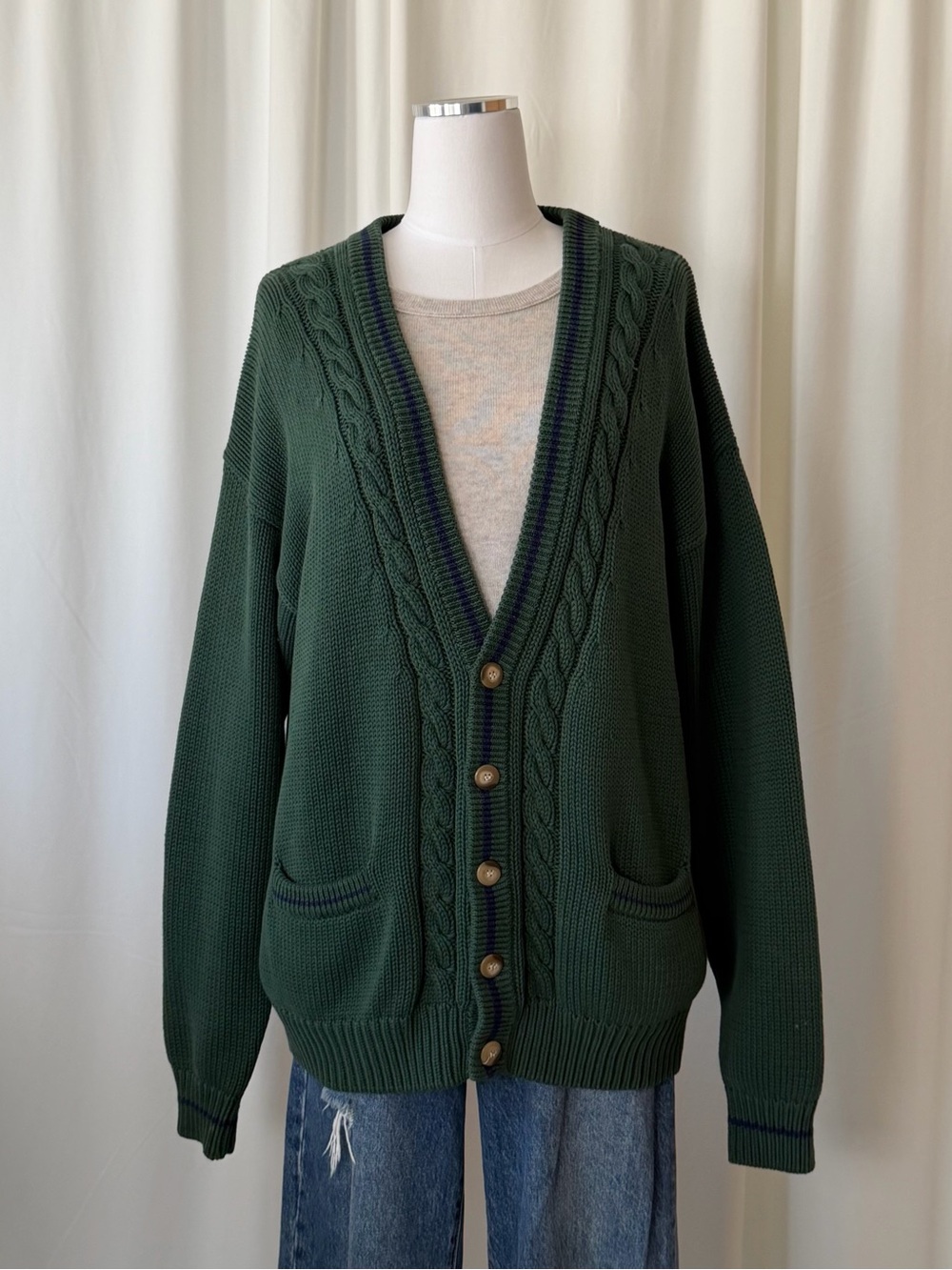 Vintage 90s Hunt Club Green Cable Knit Cardigan Sweater Size Large Tall Cotton.